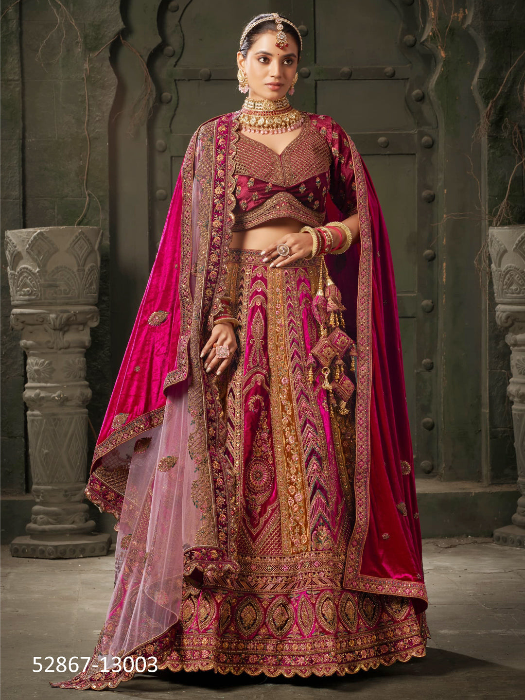 Velvet Bridal Lehenga Choli with Double Dupatta With Embroidered work in Pink color-91067