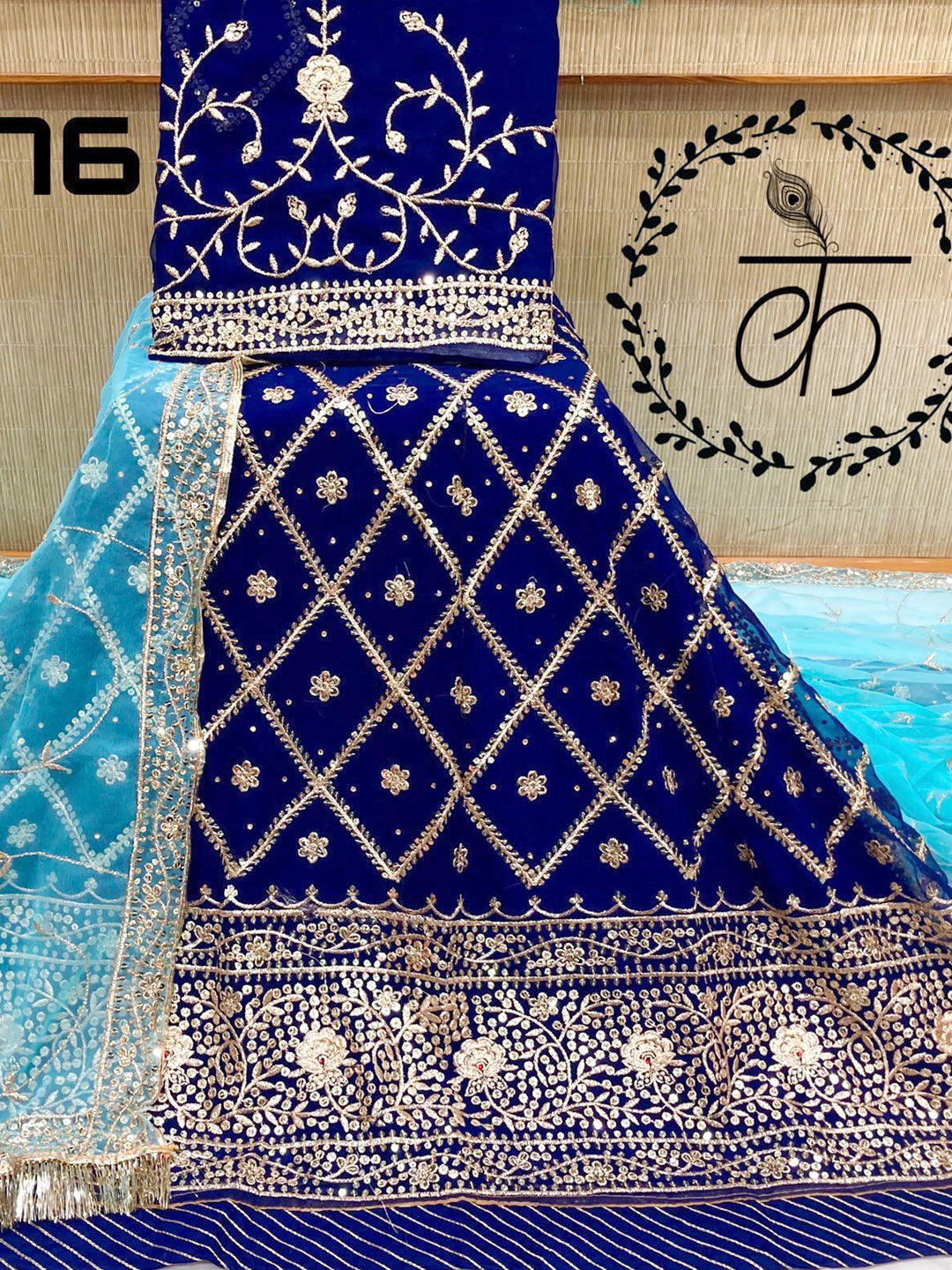 Zari Work Contrast Half pure Rajputi Poshak In Blue Color-60985