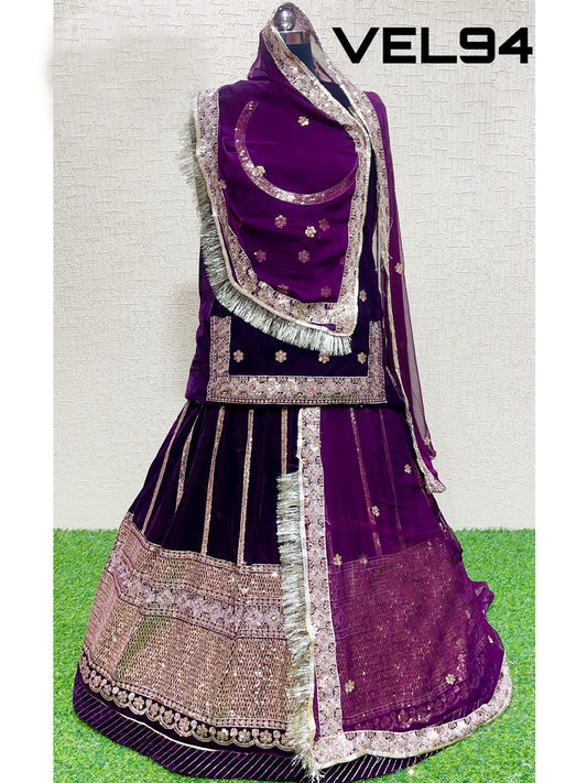 Velvet wedding Sangeet Sequence work Rajputi Poshak In Purple Color-82009