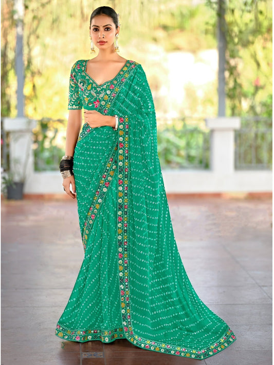 Georgette with Bandhej Printed Sequence work Saree in Green color-41014