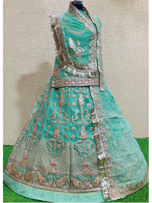 Half Pure Wedding Sangeet Kundan work Rajputi Poshak In Light Blue Colour-61070