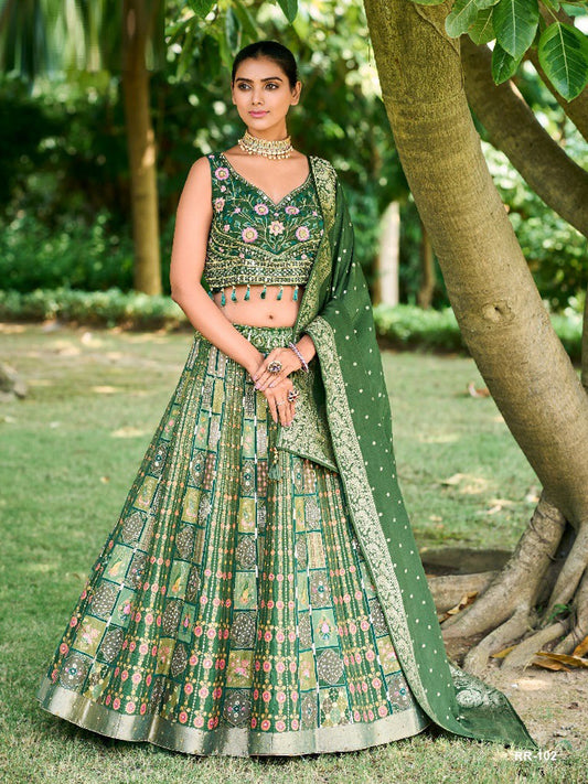 Embroidered Silk Bridal Lehenga in Green color-81808