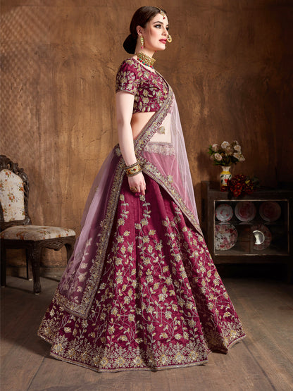 Raw Silk Engagement Sangeet Lehenga with Embroidered work in Maroon color-82098