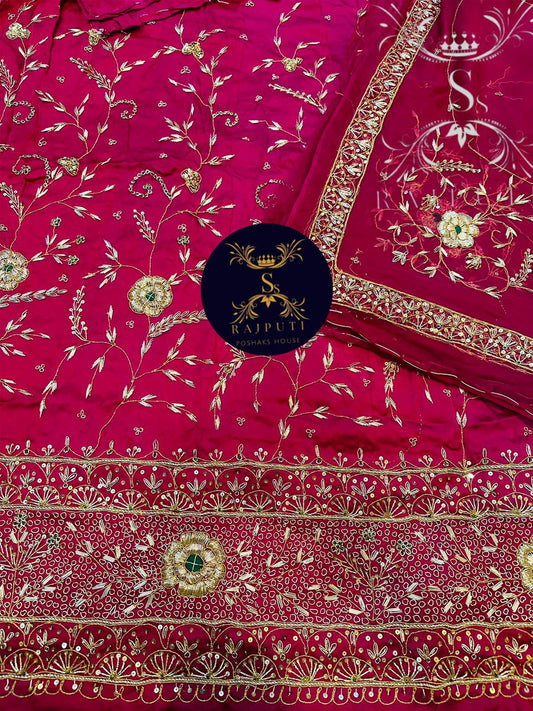 Bember Satin and Thakurgi Pure Bridal wedding Kundan dabka work Rajputi Poshak In Pink Color-81945