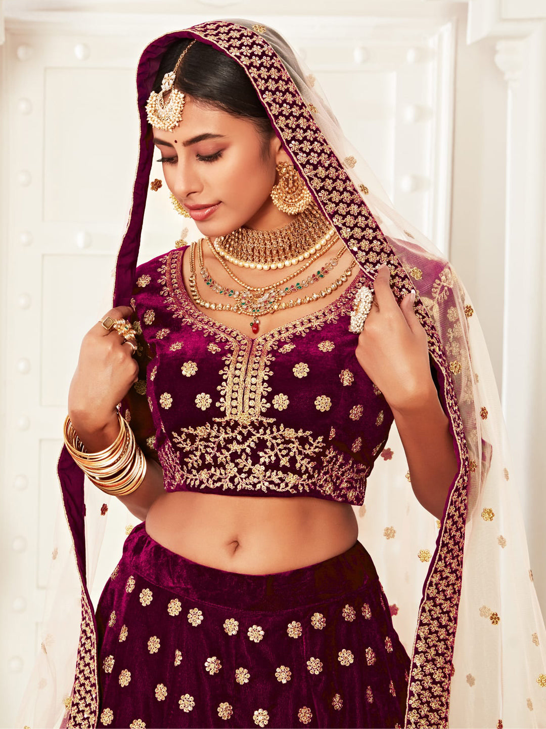 Velvet Bridal Lehenga with Embroidered work in Purple color-82114