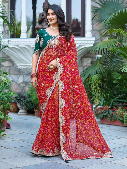 Georgette with Bandhej Printed Sequence work Saree in Red color-41023