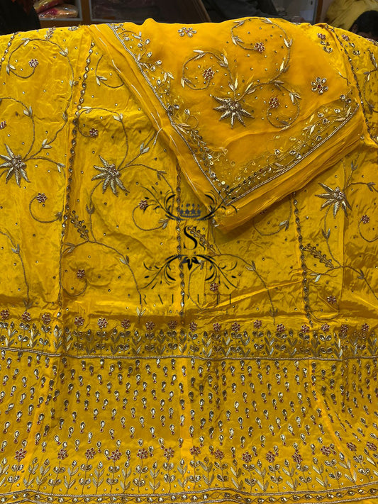 Thakurgi Pure Bridal wedding dabka jardoji  hand work Rajputi Poshak In Yellow Color-81960
