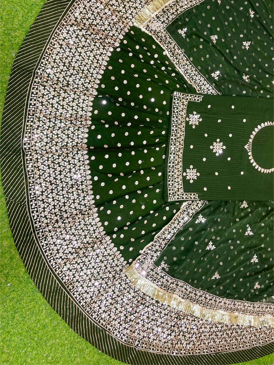 Tikki Sequence Blooming Georgette Traditional Full Gher Wedding Rajputi Poshak In Green Color-81936