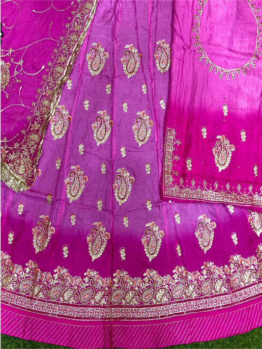 Hand Crystal Upada Silk Traditional Double Shaded Wedding Rajputi Poshak In Pink Color