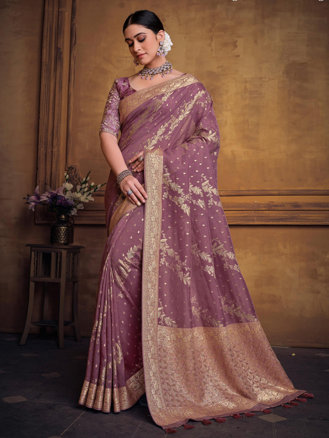 Zari Fancy Partywear South Indian wedding Saree In Purple Color-81611