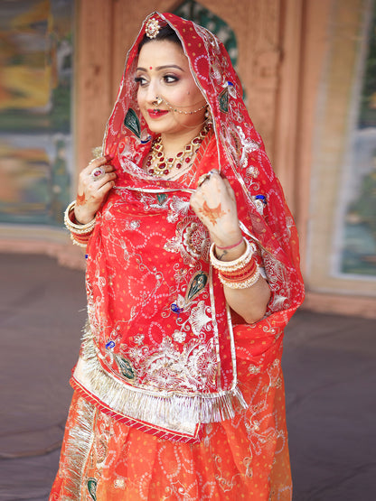 Bandhani Royal Pure 4 mtr full Gher Rajputi Poshak In Orange Color-91308