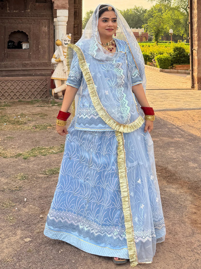 Net with sequence work Semi Stitch Rajputi Poshak In Light Blue color-81146