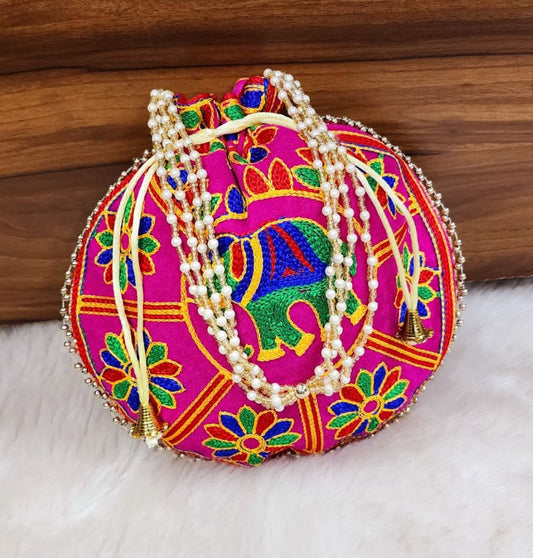 Designer Mulitcolor Embroidery Silk Elephant Handcrafted Potli-81394