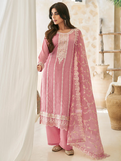 Embroidered Silk Un-Stitched Salwar Kameez in Pink Color-81594