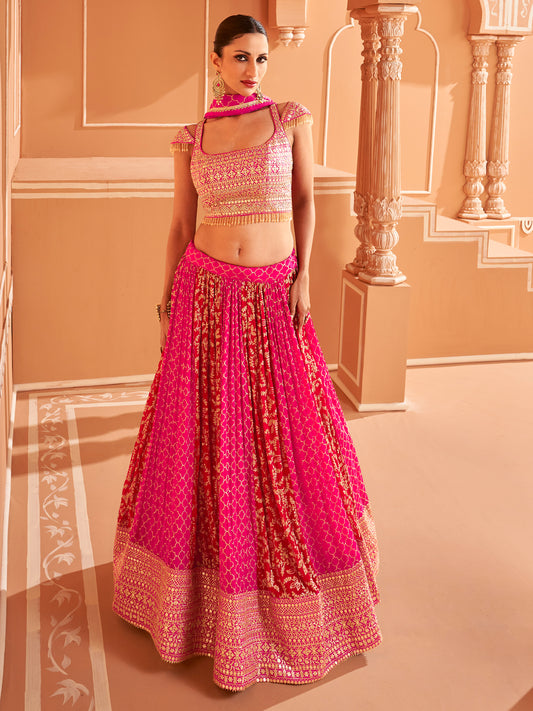 Embroidered Georgette Chinon Silk Sangeet Mehedi Lehenga in Pink Color-81529