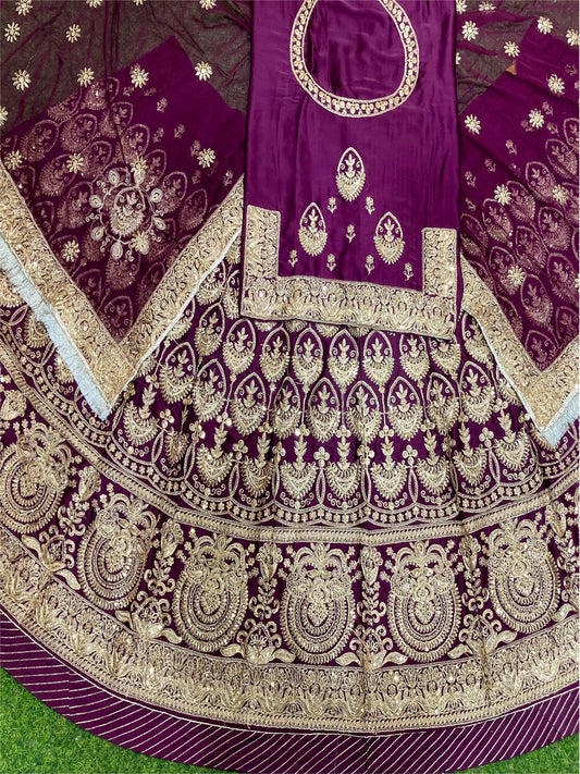 Bamber Satin Wedding Party Wear Traditional Rajputi Poshak with Zari work In Purple color-82134