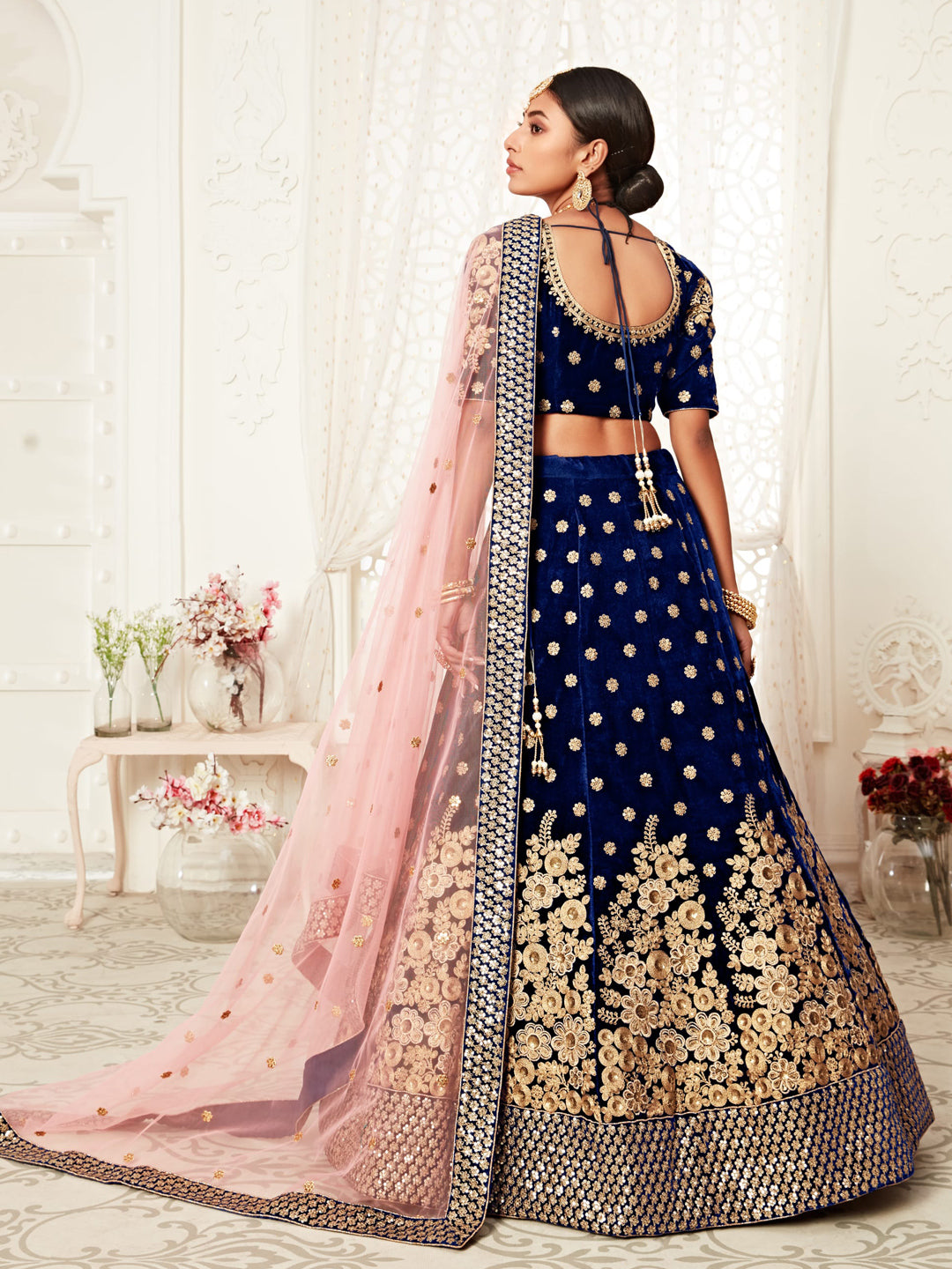 Velvet Bridal Lehenga with Embroidered work in Blue color-82116