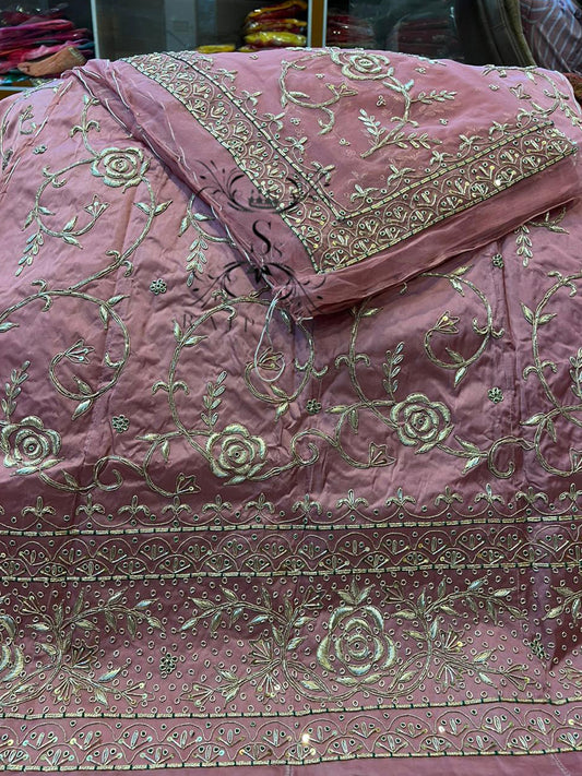 Bember Satin and Thakurgi Pure Bridal wedding Kundan dabka work Rajputi Poshak In Pink  Color-81956