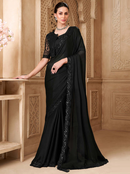 Black Sartin Georgette with  Embroidered Saree-32005