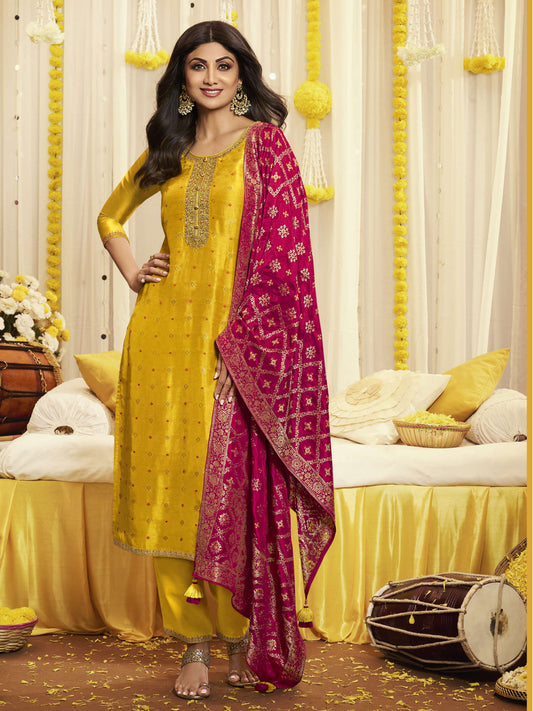 Meena Work Pure Viscose Dola Jacquard Hald and Sangeet Salwar Kameez in Yellow Color-81606
