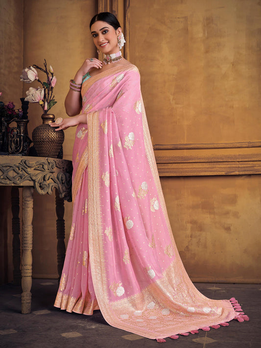 Zari Fancy Partywear South Indian wedding Saree In Pink Color-81612