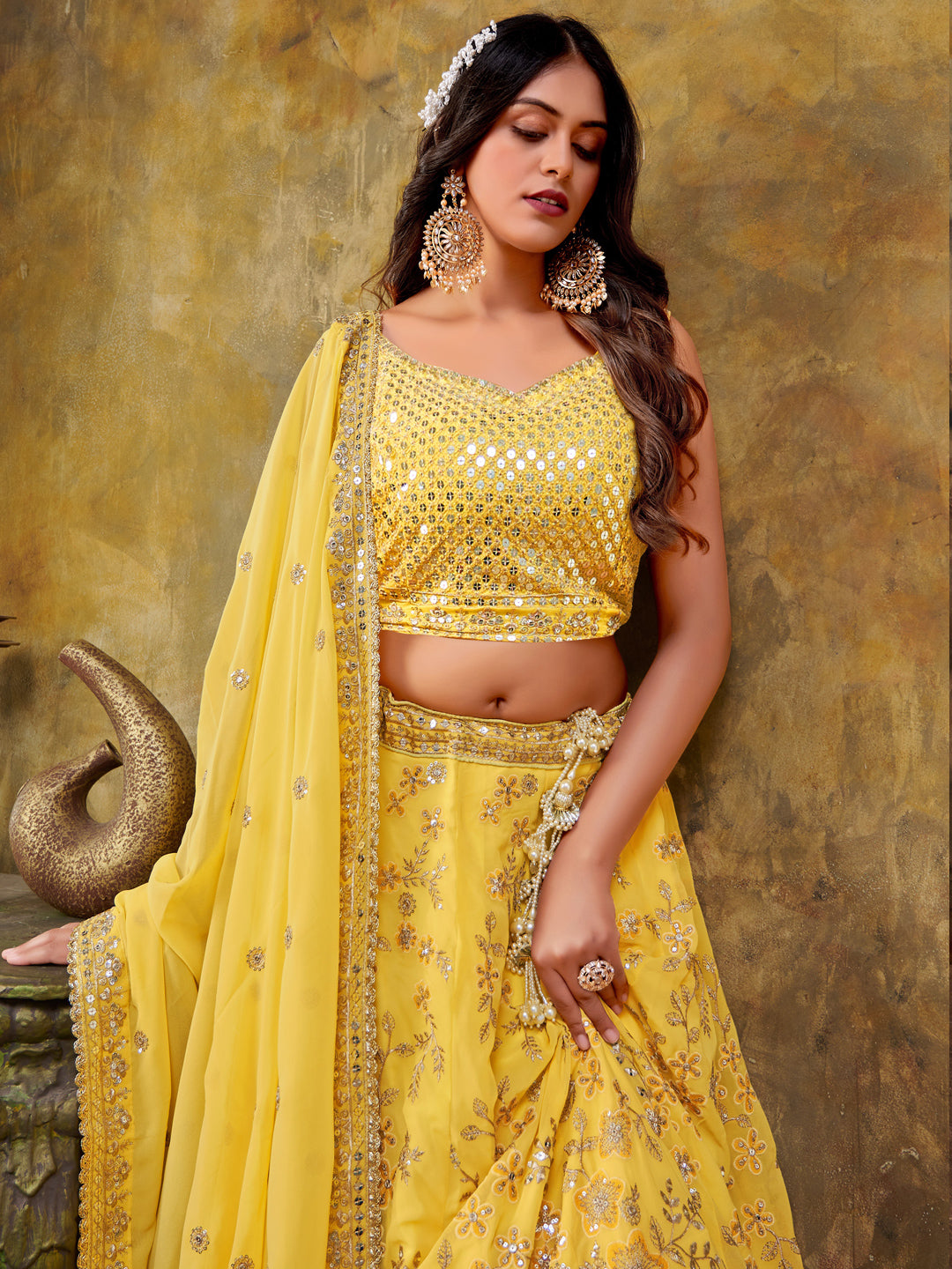 Embroidered Net Partywear Lehenga in Yellow