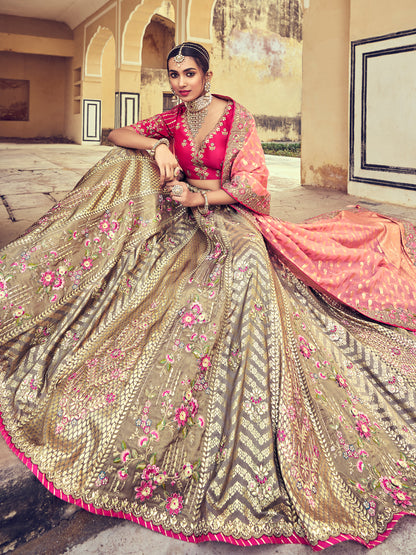 Embroidered Silk Jacquard Wedding Lehenga in Gray and Gold