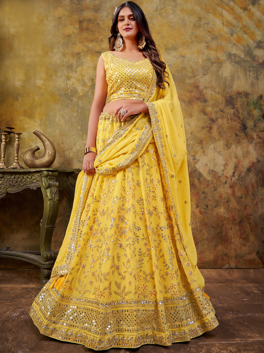 Embroidered Net Partywear Lehenga in Yellow