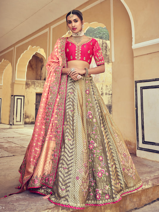 Embroidered Silk Jacquard Wedding Lehenga in Gray and Gold