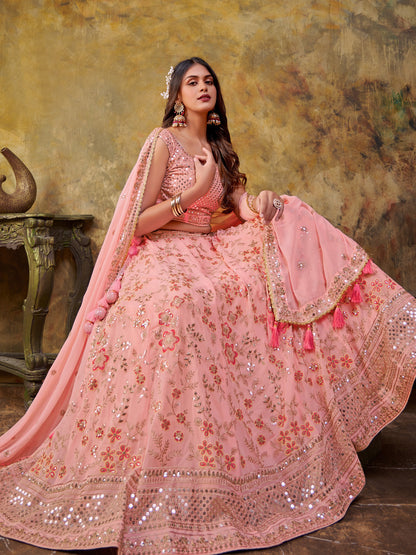 Embroidered Net Partywear Lehenga in Pink