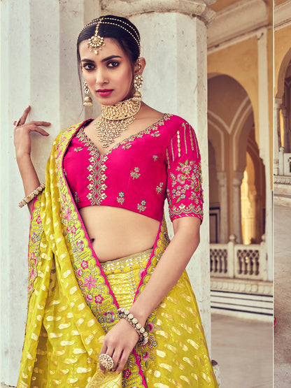 Embroidered Silk Jacquard Wedding Lehenga in Yellow