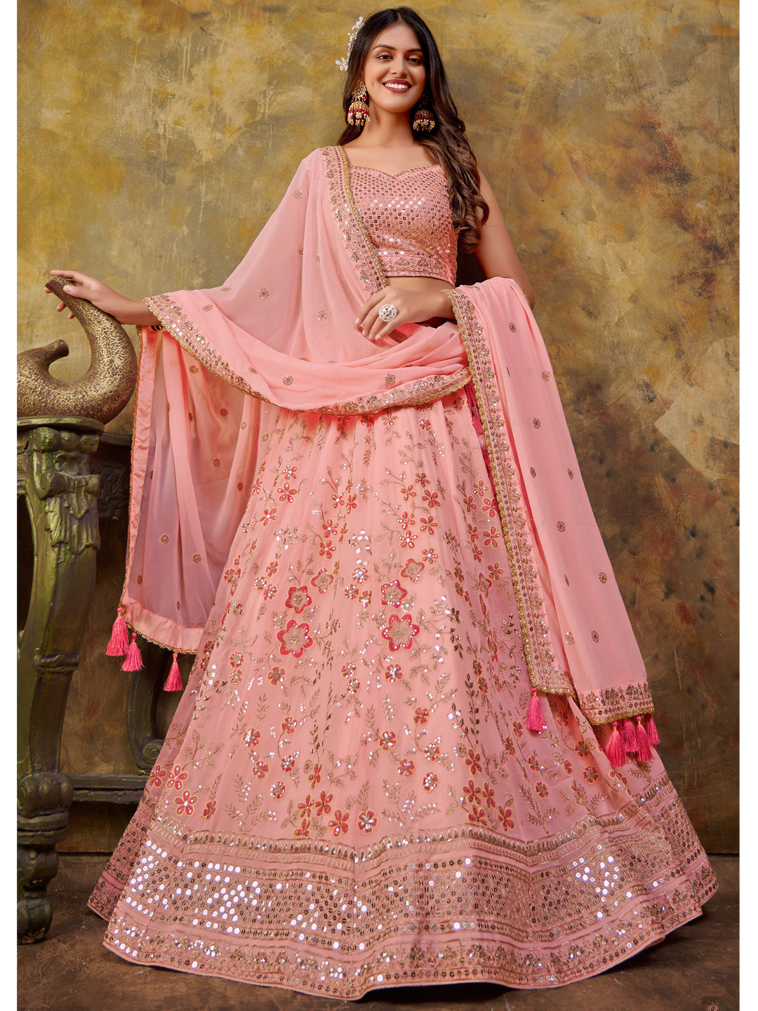 Embroidered Net Partywear Lehenga in Pink