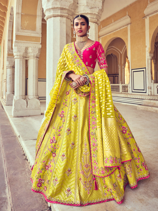Embroidered Silk Jacquard Wedding Lehenga in Yellow