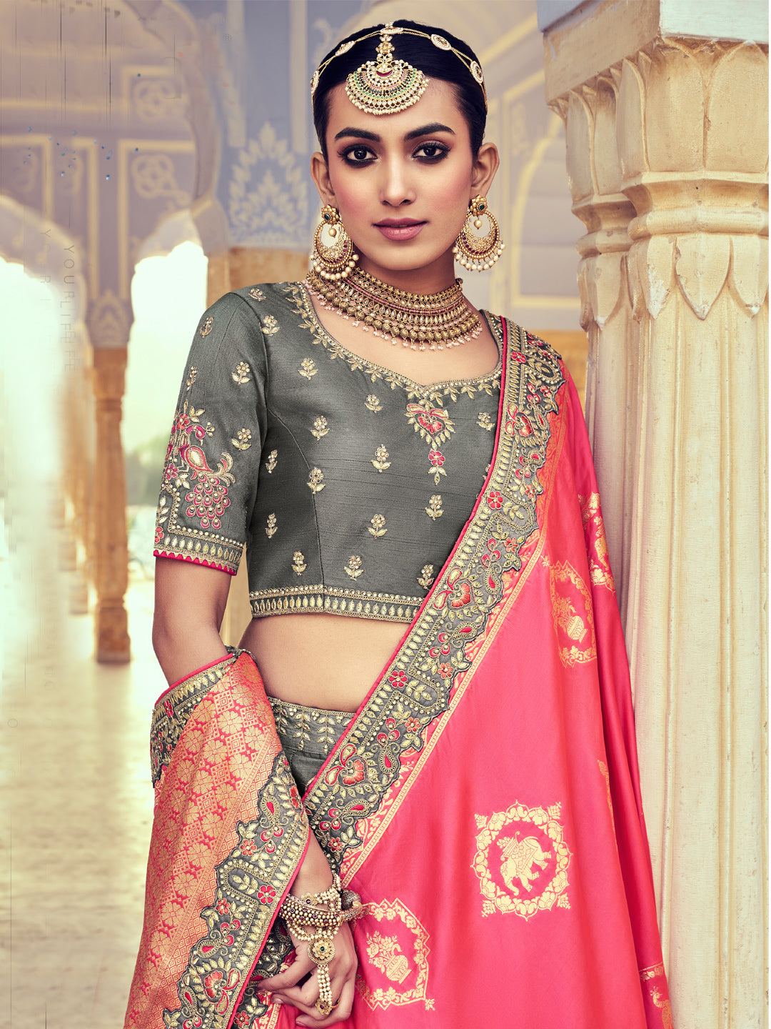 Embroidered Silk Jacquard Wedding Lehenga in Gray