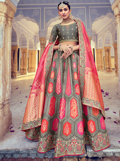 Embroidered Silk Jacquard Wedding Lehenga in Gray