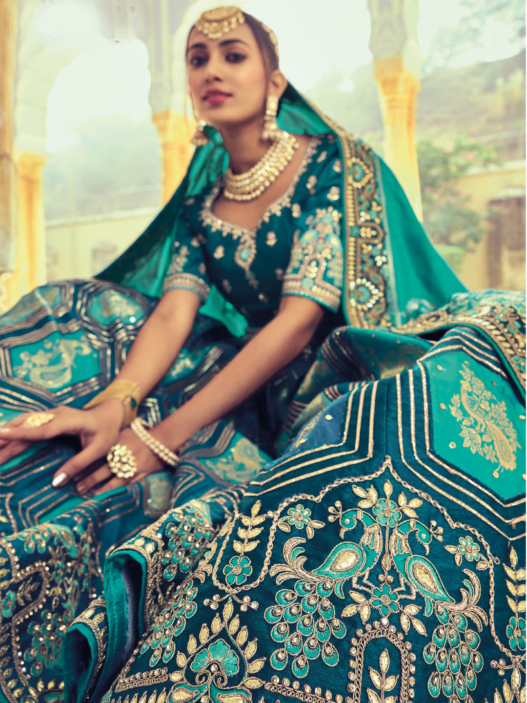 Embroidered Silk Jacquard Wedding Lehenga in Blue