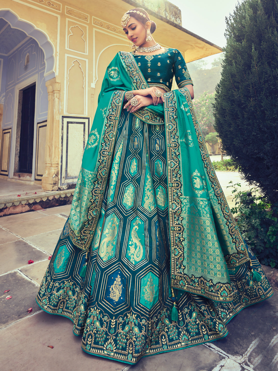 Embroidered Silk Jacquard Wedding Lehenga in Blue