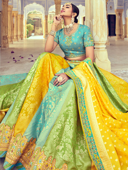 Embroidered Silk Jacquard Wedding Lehenga in Multicolor