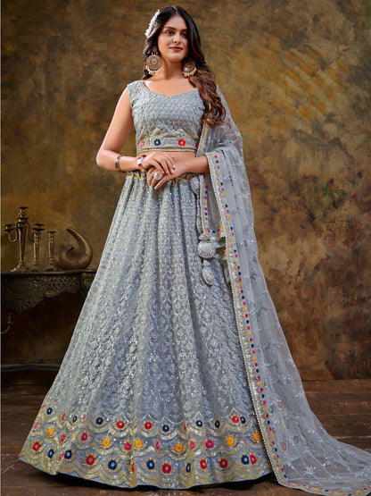 Embroidered Net Partywear Lehenga in Gray