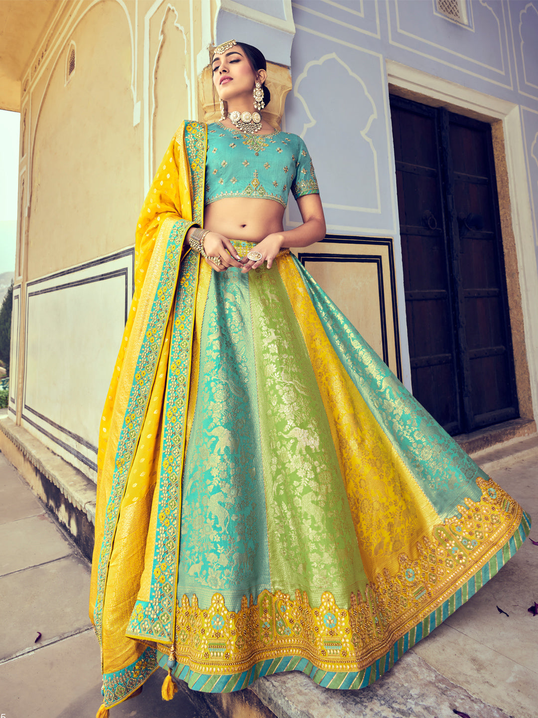 Embroidered Silk Jacquard Wedding Lehenga in Multicolor