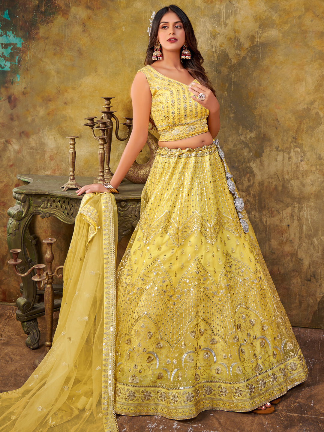 Embroidered Net Partywear Lehenga in Yellow-91023