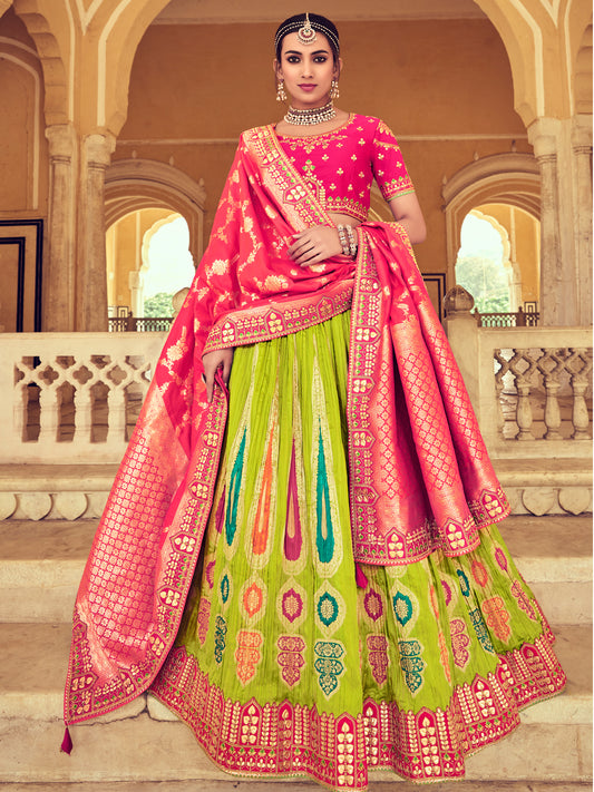 Embroidered Silk Jacquard Wedding Lehenga in Multicolor-91016