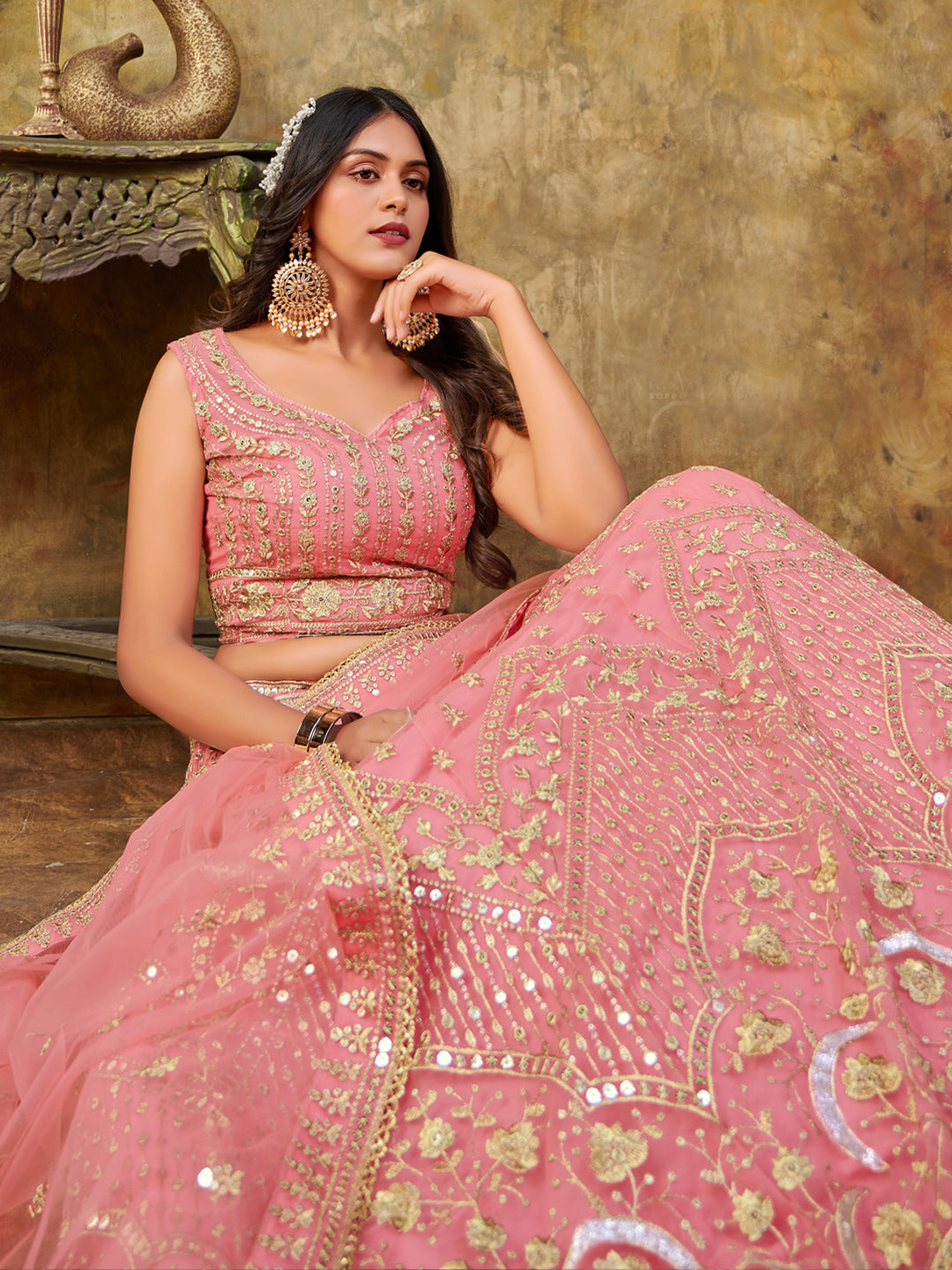 Embroidered Net Partywear Lehenga in Pink-91022