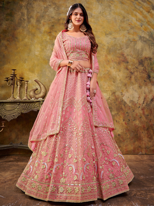 Embroidered Net Partywear Lehenga in Pink-91022