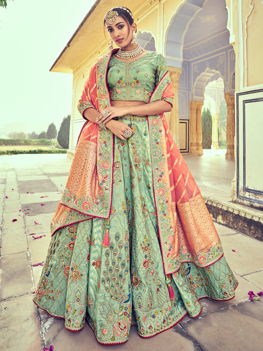 Embroidered Silk Jacquard Wedding Lehenga in Green