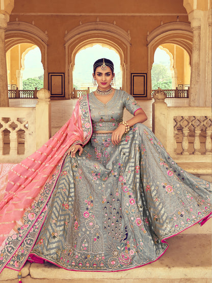 Embroidered Silk Jacquard Wedding Lehenga in Gray-91014