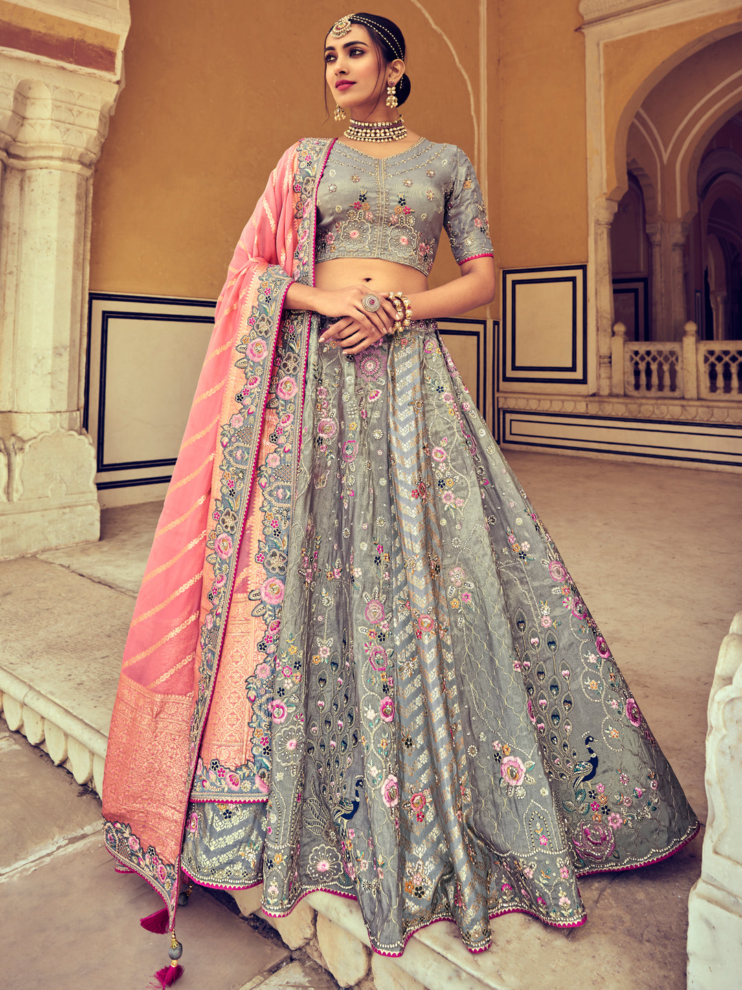 Embroidered Silk Jacquard Wedding Lehenga in Gray-91014