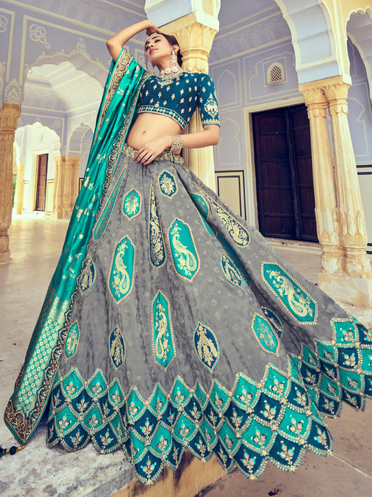 Embroidered Silk Jacquard Wedding Lehenga in Blue-91013