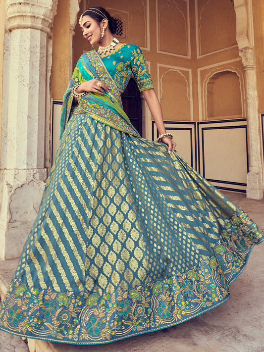 Embroidered Silk Jacquard Wedding Lehenga in Blue-91011