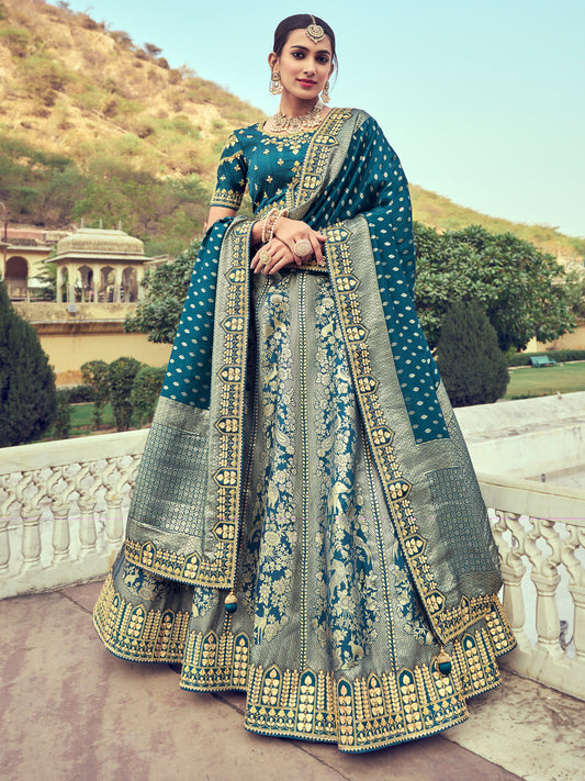 Embroidered Silk Jacquard Wedding Lehenga in Blue-91012